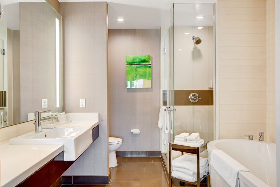 Separate tub and shower, deep soaking tub, hair dryer, towels