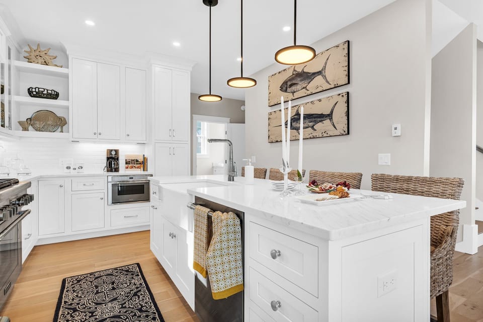 The fully stocked kitchen with brand new appliances is awaiting your culinary creations!