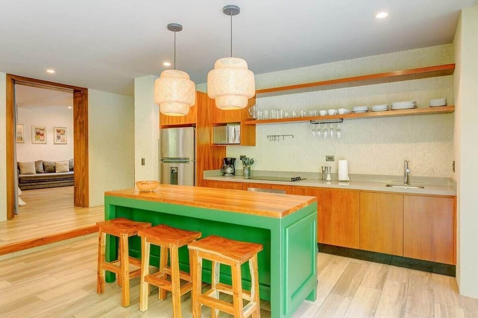 Start your day with a pop of color at this cheerful island.
