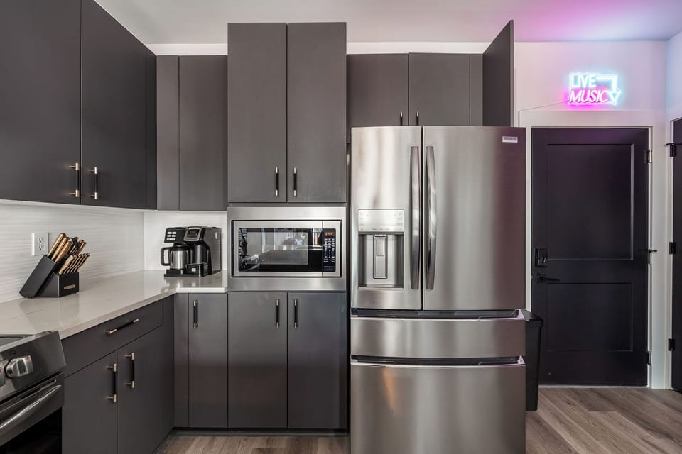 Because you can’t rock all night without your go-juice—each unit features a combo drip coffee maker + K-Cup machine, stocked with a starter selection of ground coffee, assorted K-cups, sugar packets, mini flavored creamers, and tea sachets
