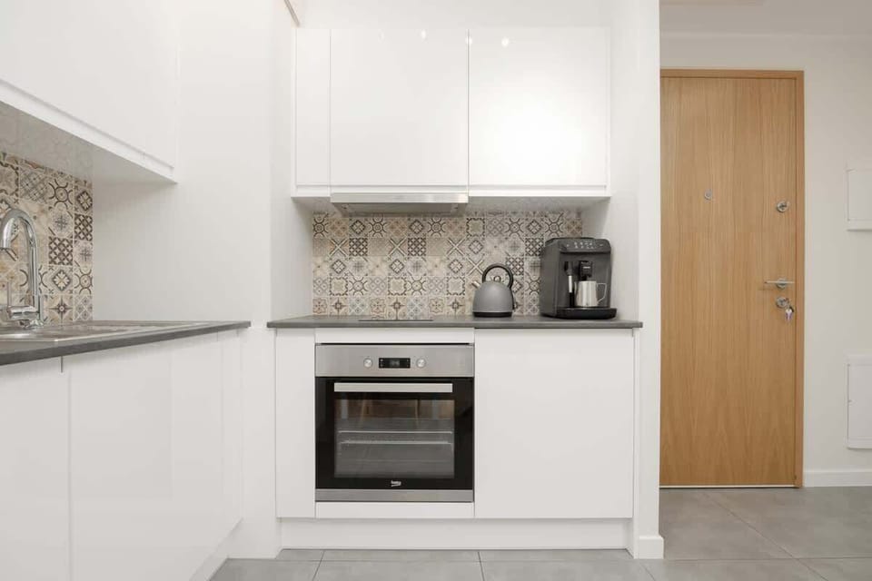Kitchenette with an induction hob, refrigerator with freezer, oven, dishwasher and electric kettle.