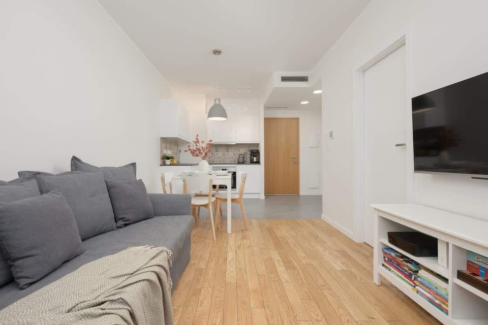 Living room with a fold-out sofa bed and fully equipped kitchenette with dining area.