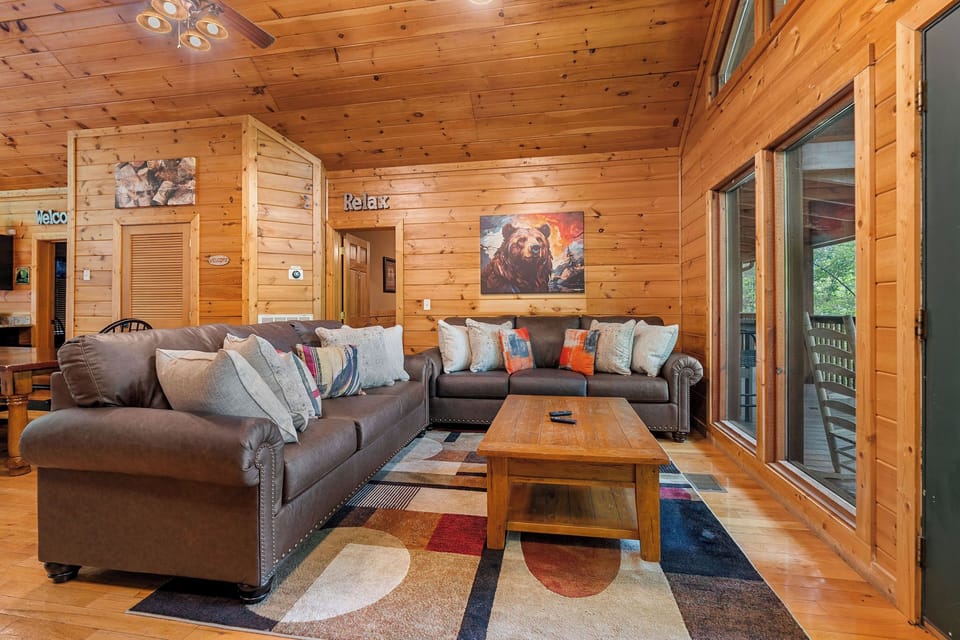 Cabin, Multiple Beds, Hot Tub | Living area | 50-inch flat-screen TV with digital channels, TV, fireplace