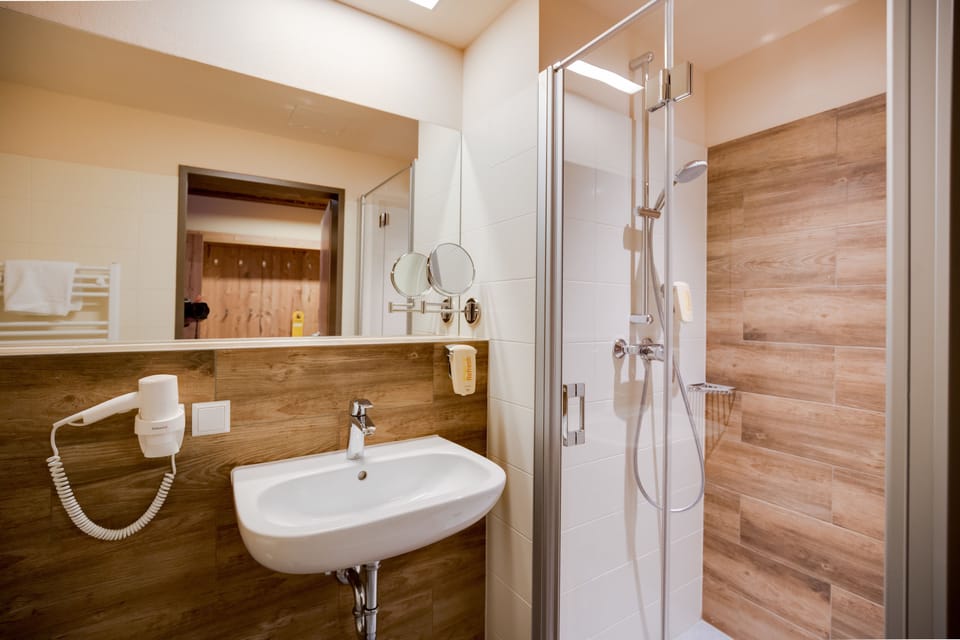 Shower, hair dryer, towels