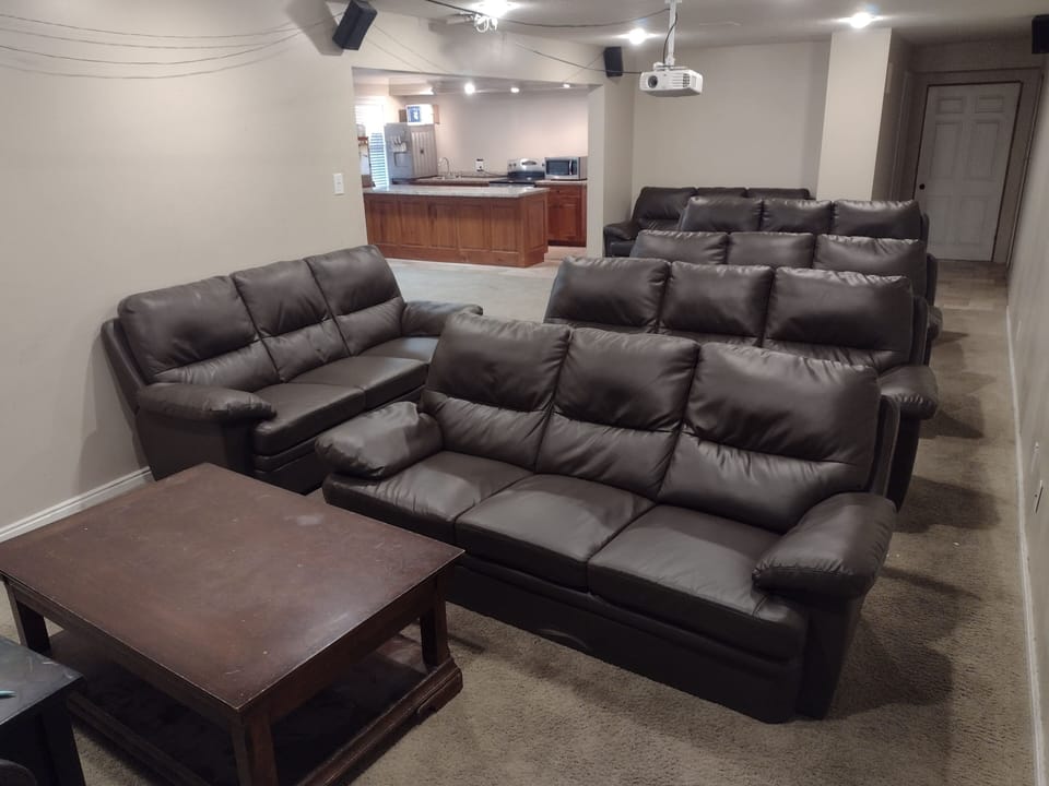 Theater area with projector, plasma, 7.1 surround, Google TV stick, Blutooth adp