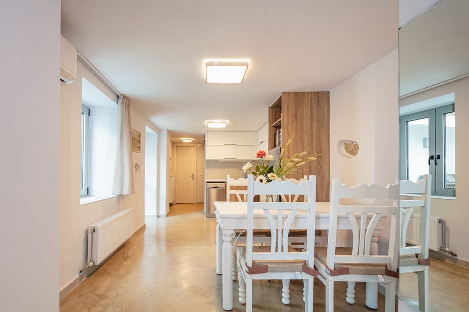 The open plan kitchen-dining area.