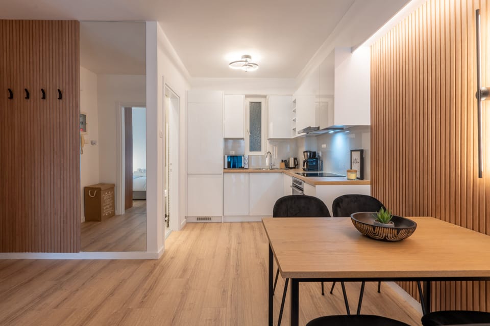 Design Apartment | Private kitchen | Full-size fridge, microwave, oven, stovetop