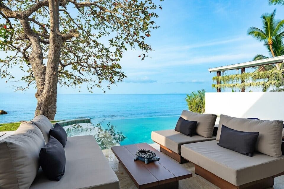 Chic comfort by the sea – lounge in style in our outdoor living area, where every moment is framed by the tranquil beauty of Koh Samui.