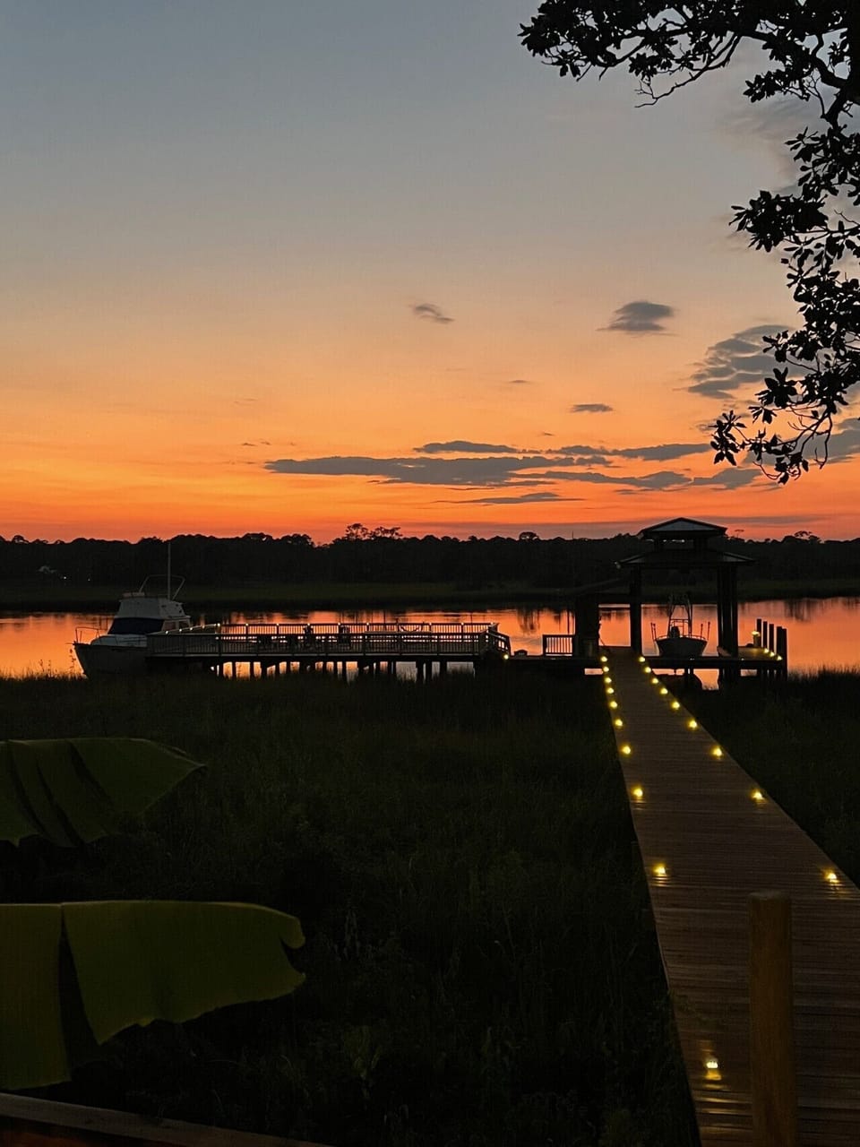 Sunset view of the walkway to the dock.