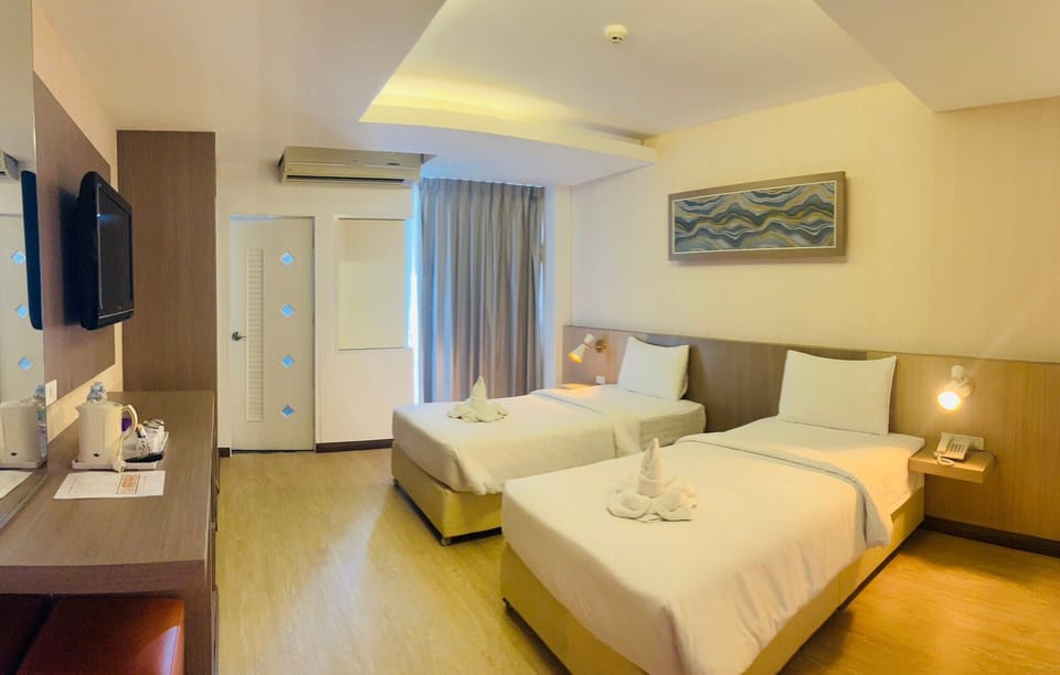 Desk, laptop workspace, free WiFi, bed sheets