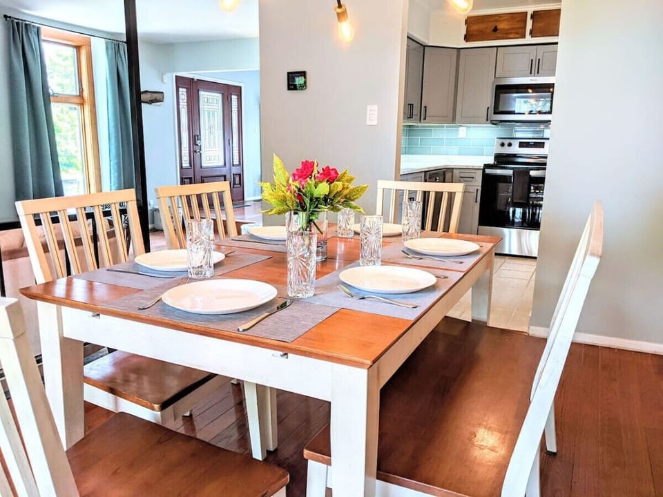 The dining room is conveniently located directly off of the kitchen.