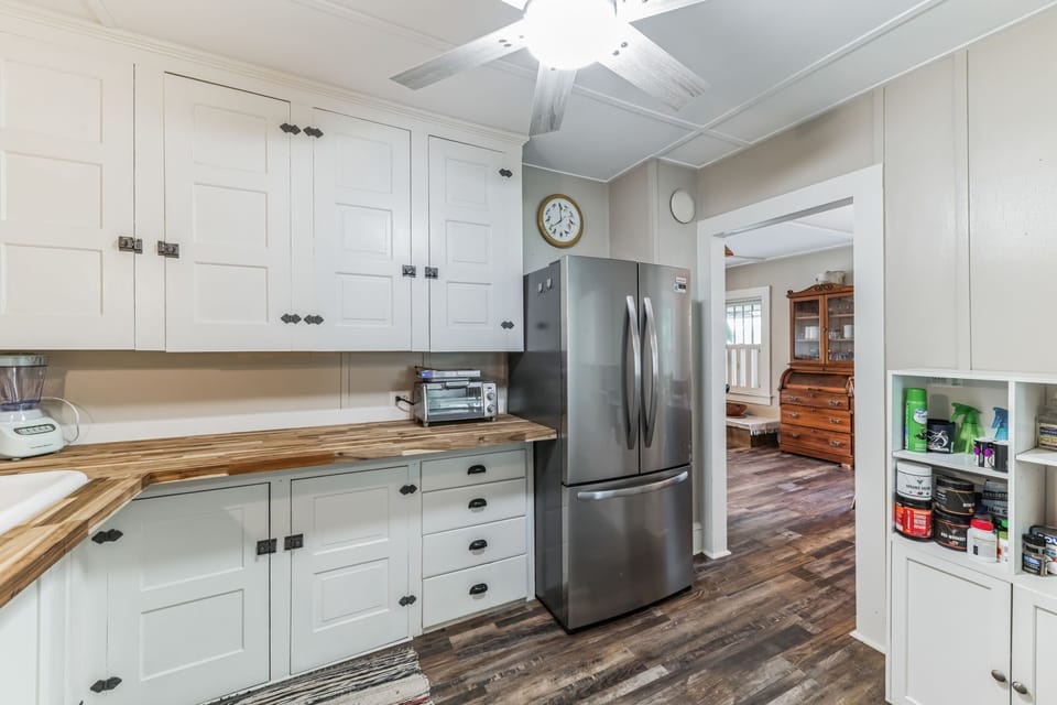 Modern Farmhouse Full Kitchen with Stainless Steel Brand New Fridge.  