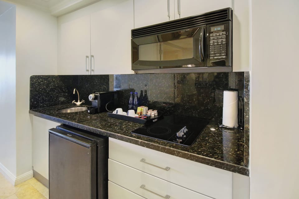 Kitchen with fridge, microwave, 2 burner stove, sink, toaster, blender, 
