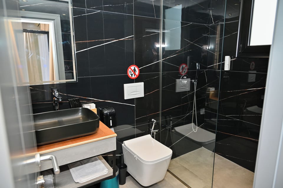 Shower, rainfall showerhead, hair dryer, slippers