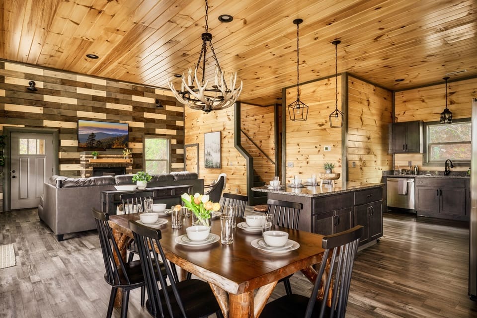 This open concept living, kitchen and dining area has gorgeous views
