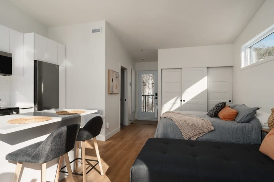 Une seule pièce cosy avec un lit queen, un lit simple, un foyer intérieur et une cuisine.