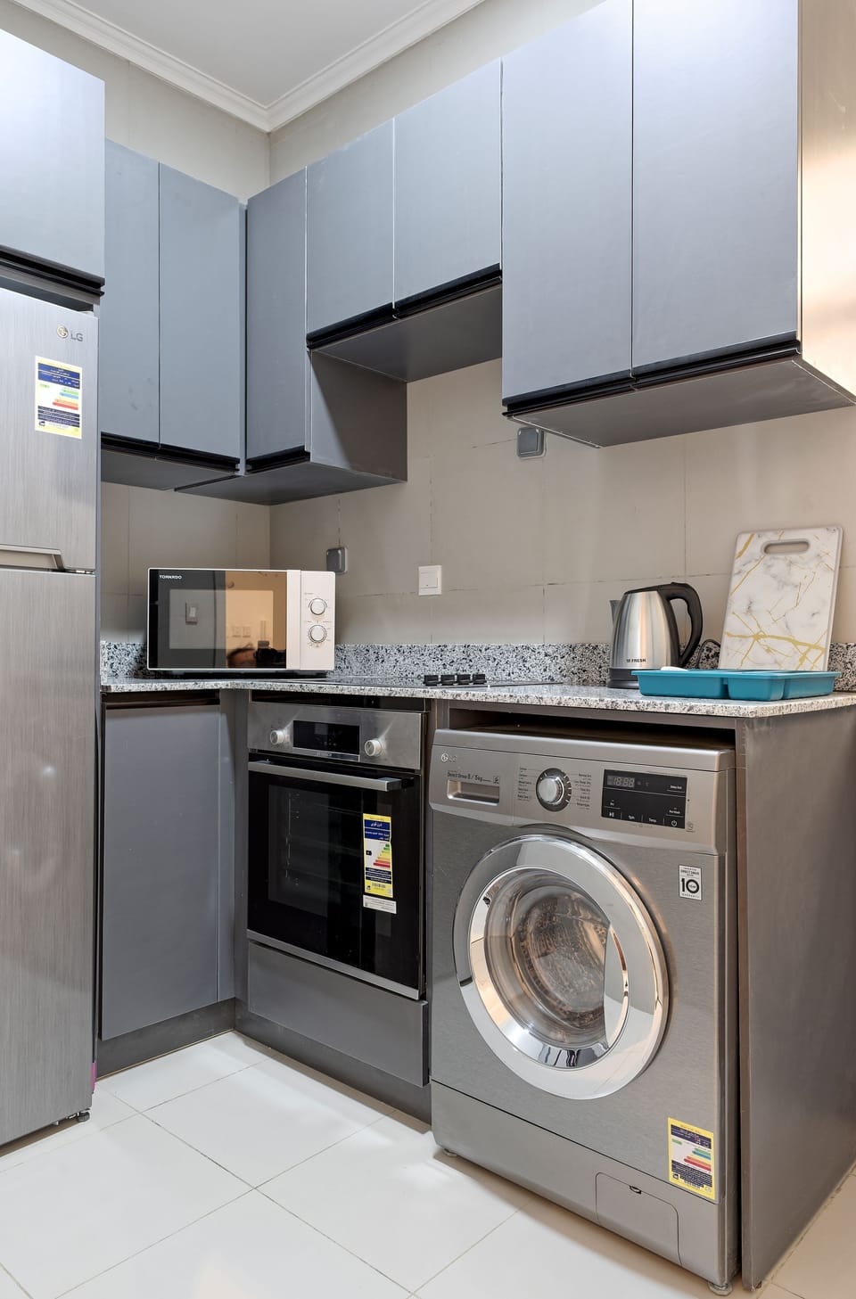Fridge, microwave, cookware/dishes/utensils, paper towels