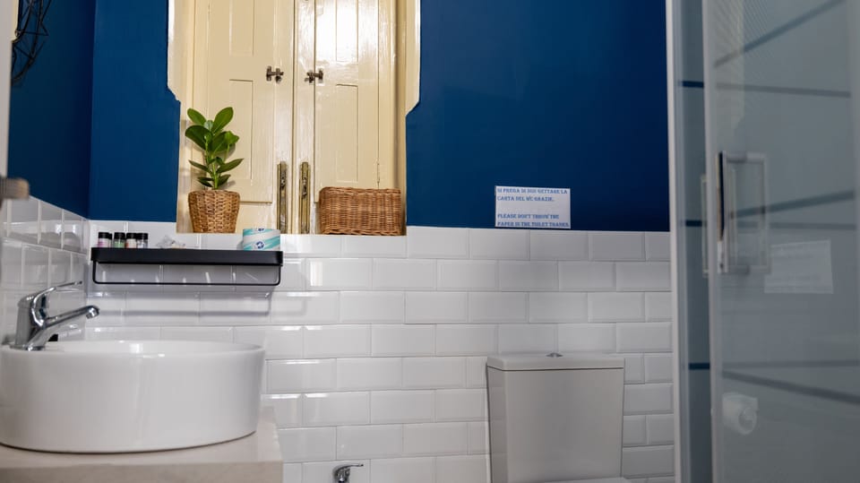 Shower, rainfall showerhead, free toiletries, hair dryer