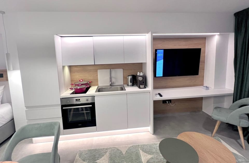 Basement luxury room with beautiful private terrace | Private kitchen | Full-size fridge, oven, stovetop, dishwasher