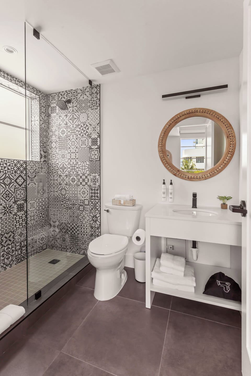 Designer toiletries, hair dryer, towels, soap