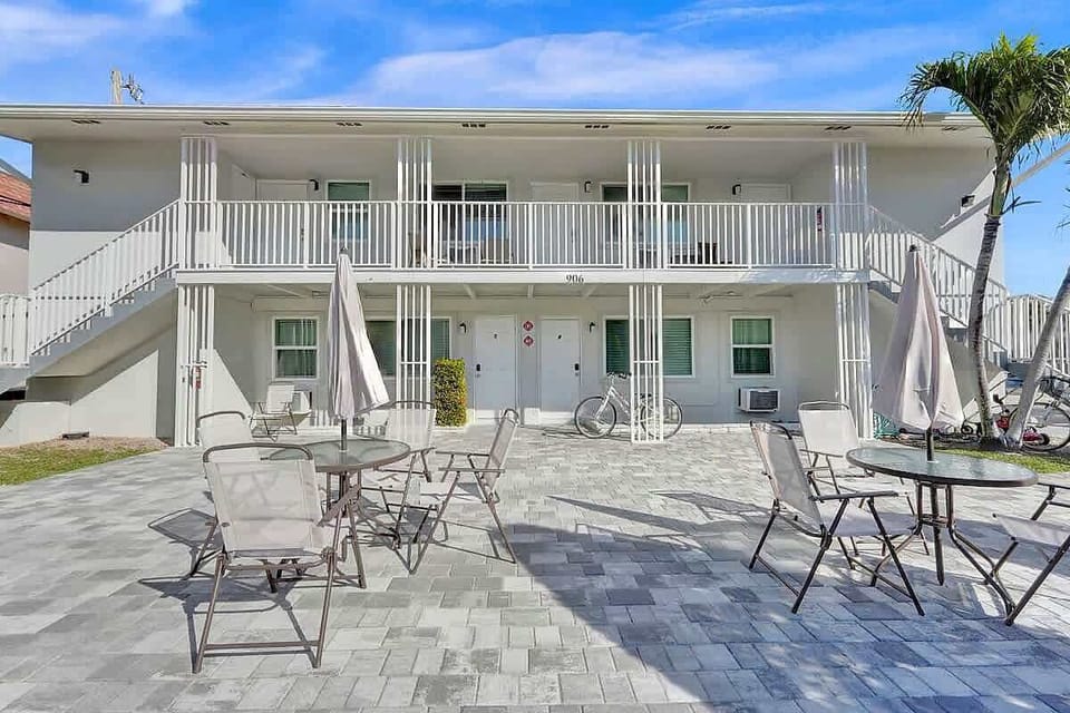 Spacious shared courtyard with multiple seating areas