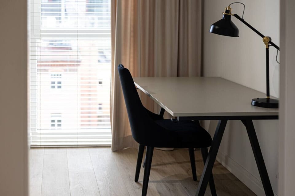 Wide remote work desk with high-speed internet