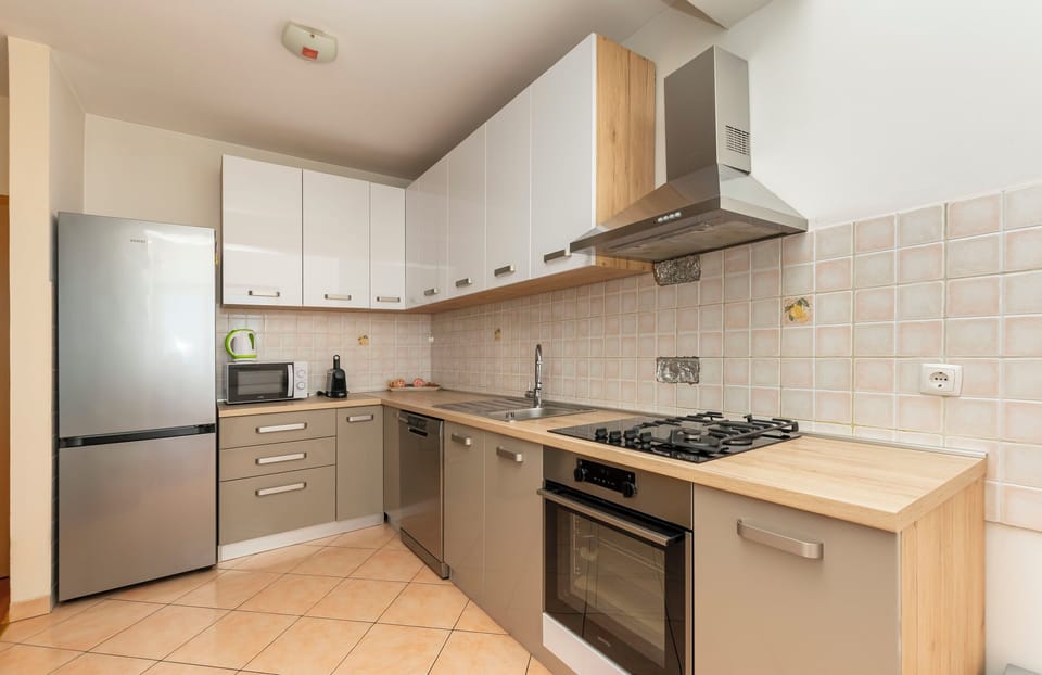 Apartment (A1) | Private kitchen | Fridge, microwave, oven, stovetop