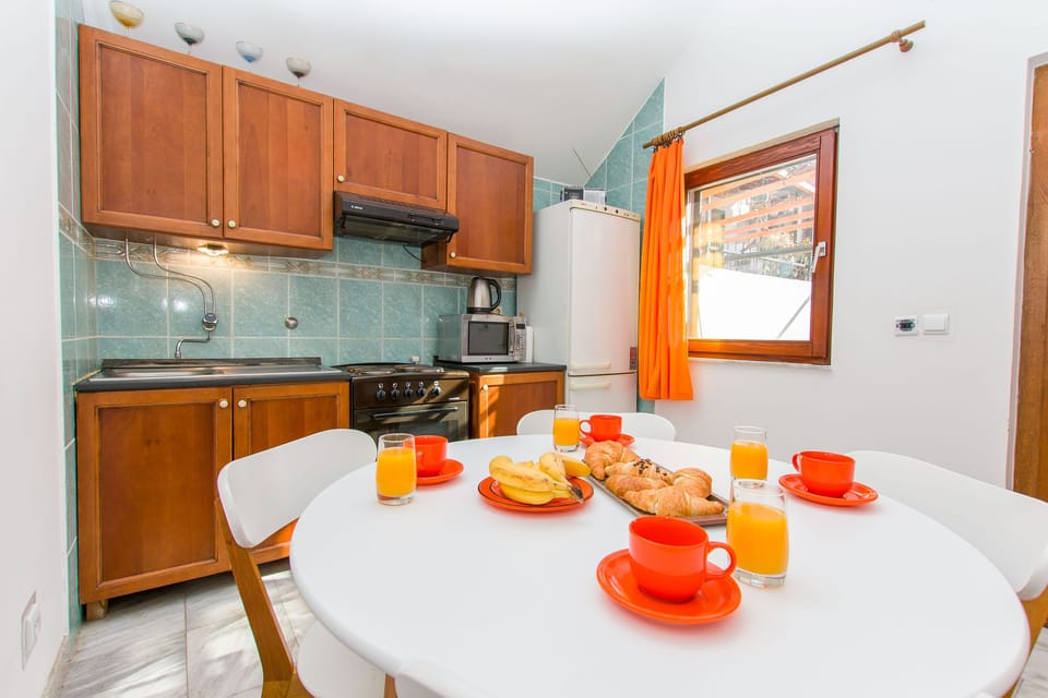 Apartment (A1) | Private kitchen | Fridge, microwave, oven, stovetop