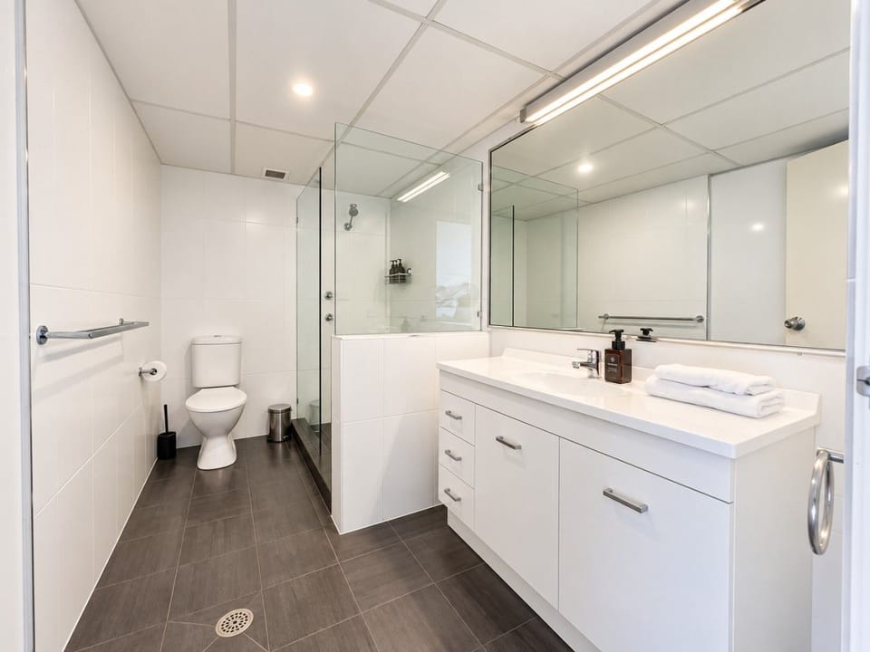Spacious bathroom includes a shower, shower glass wall, a sink, and a toilet.