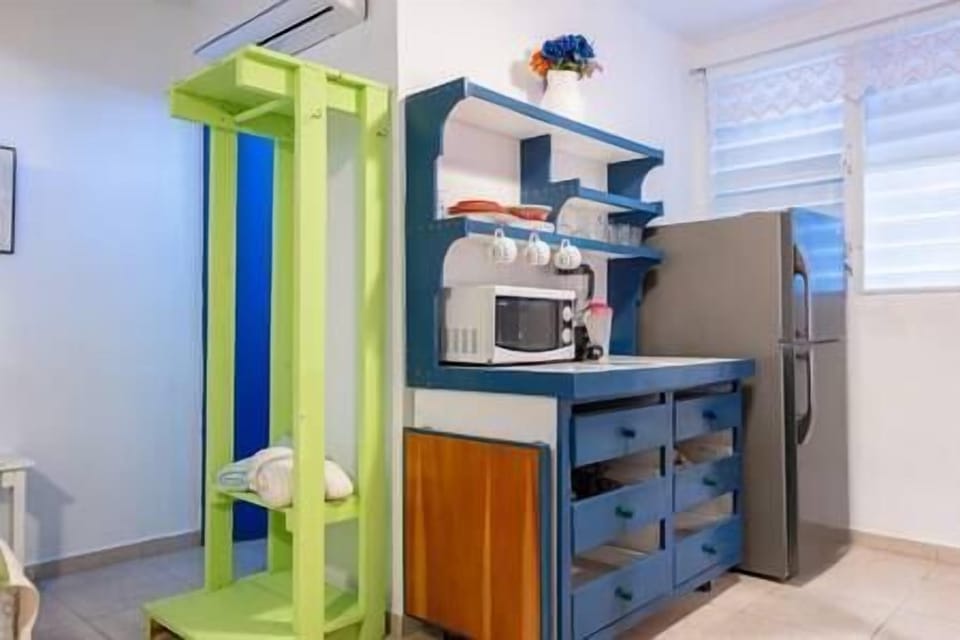 Kitchenette with essentials: refrigerator, microwave, electric pan, coffee maker, blender. 