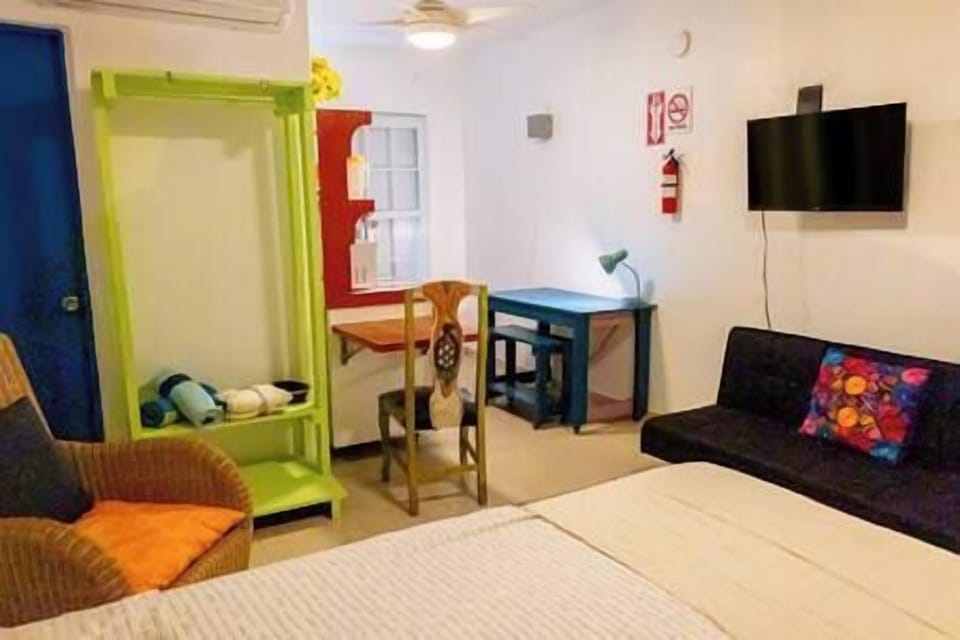 Room includes sofa bed, TV with streaming and small desk. 