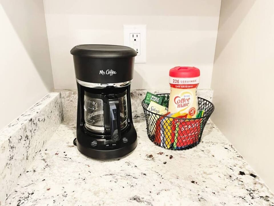 We have both a drip coffee pot and Keurig 2.0 which is in the pantry. We provide coffee, creamer, sweetener, and an assortment of teas. 