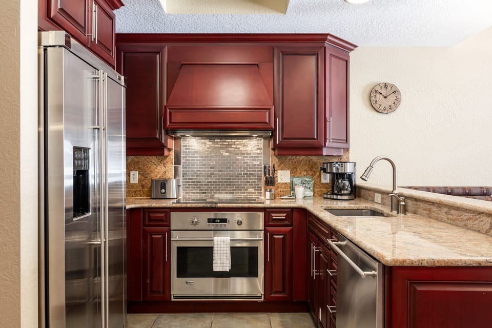 - Cook with ease in the fully equipped kitchen with stainless appliances  
- Granite counters and cherry cabinetry provide both style and function  
- Enjoy the convenience of home cooked meals during your mountain stay
