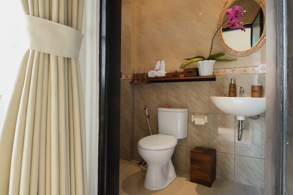 Shower, rainfall showerhead, hair dryer, bathrobes