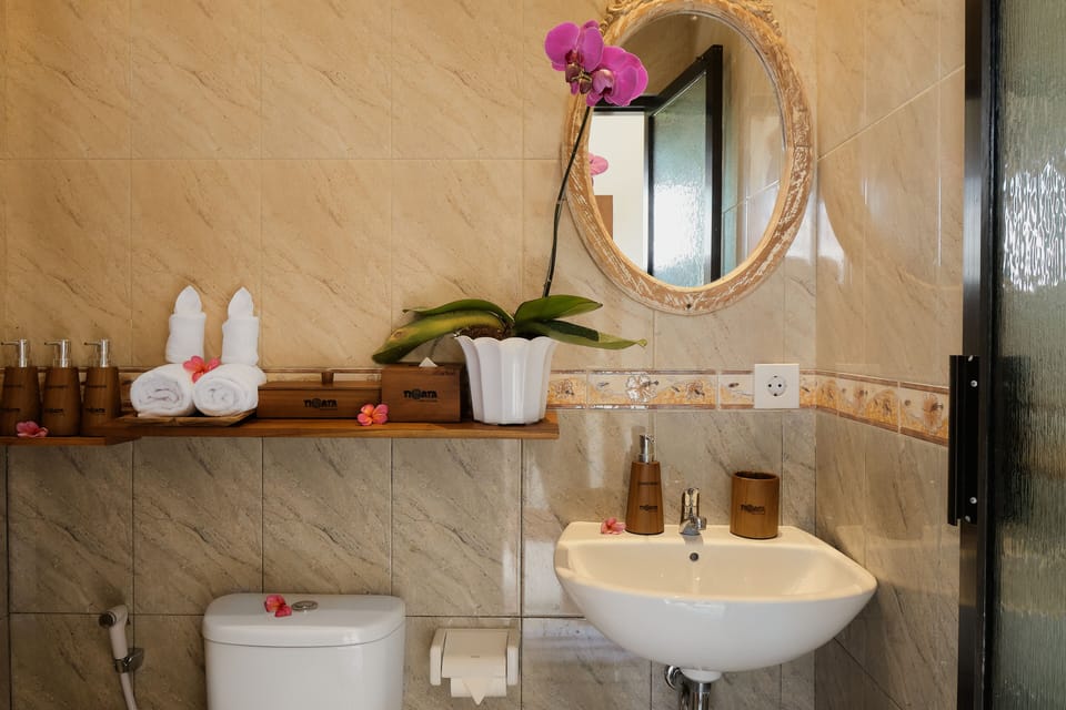 Shower, rainfall showerhead, hair dryer, bathrobes