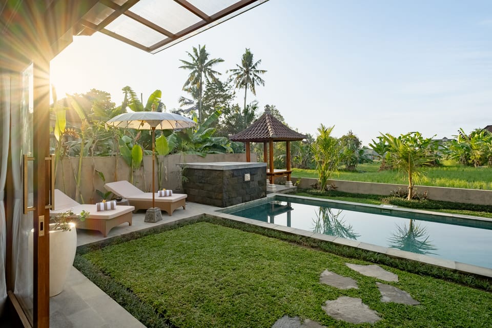 Outdoor pool, pool umbrellas, sun loungers