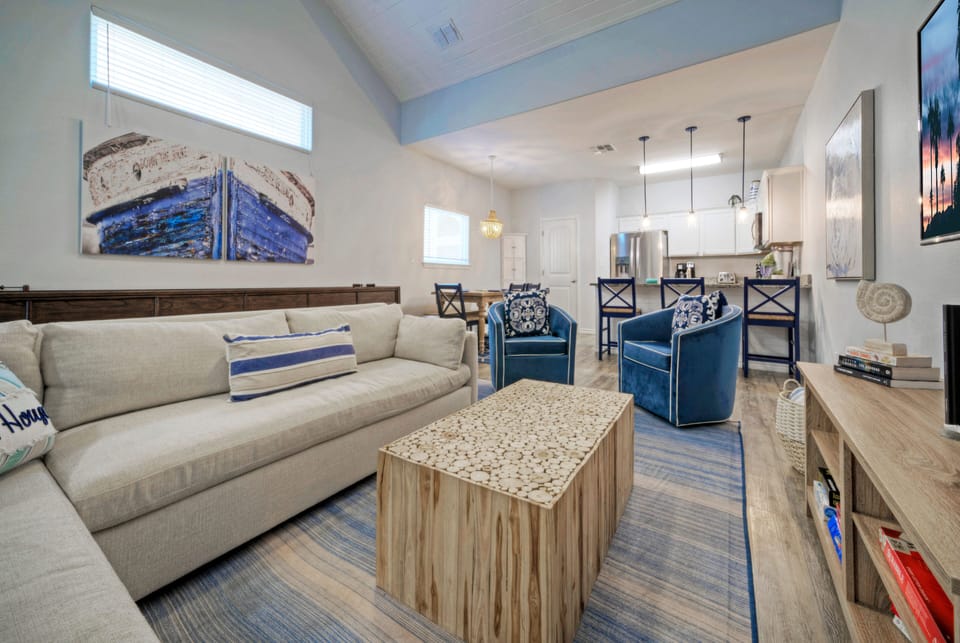 Stylish blue decor with rustic wood accents.