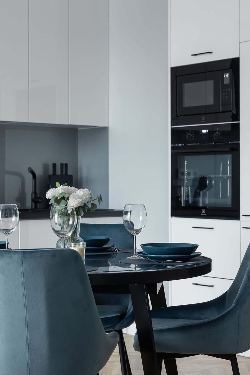 Dining area with table and chairs.