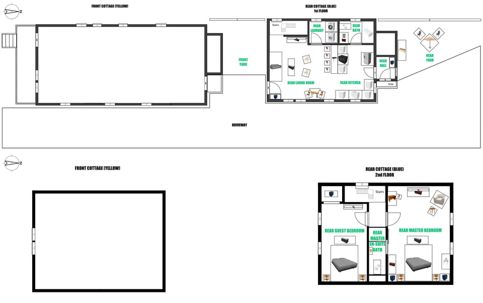 Rear 1st and 2nd floor layout, driveway and yard