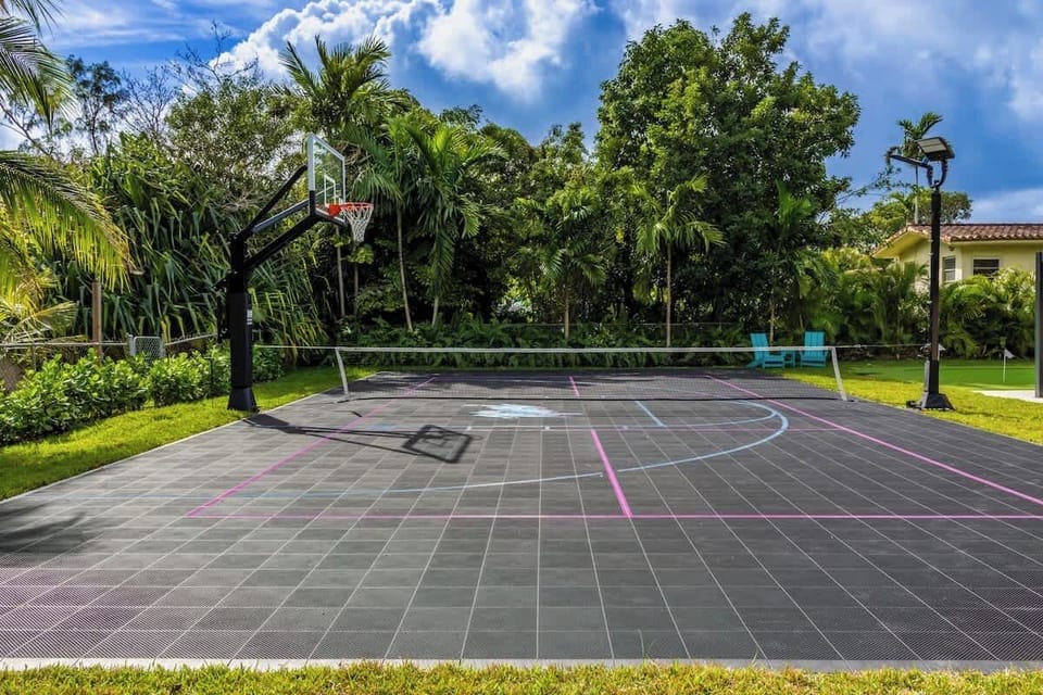 Play day or night! Our multi-sport court with basketball, pickleball, and volleyball is lit up and ready for action — the perfect spot to stay active and have fun.