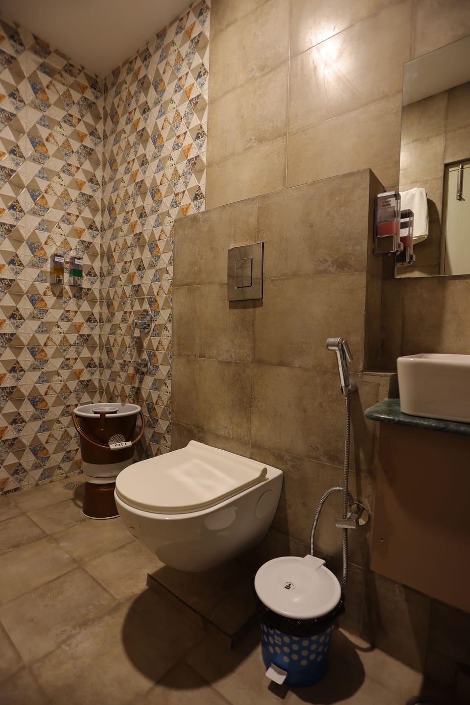 Shower, rainfall showerhead, designer toiletries, hair dryer