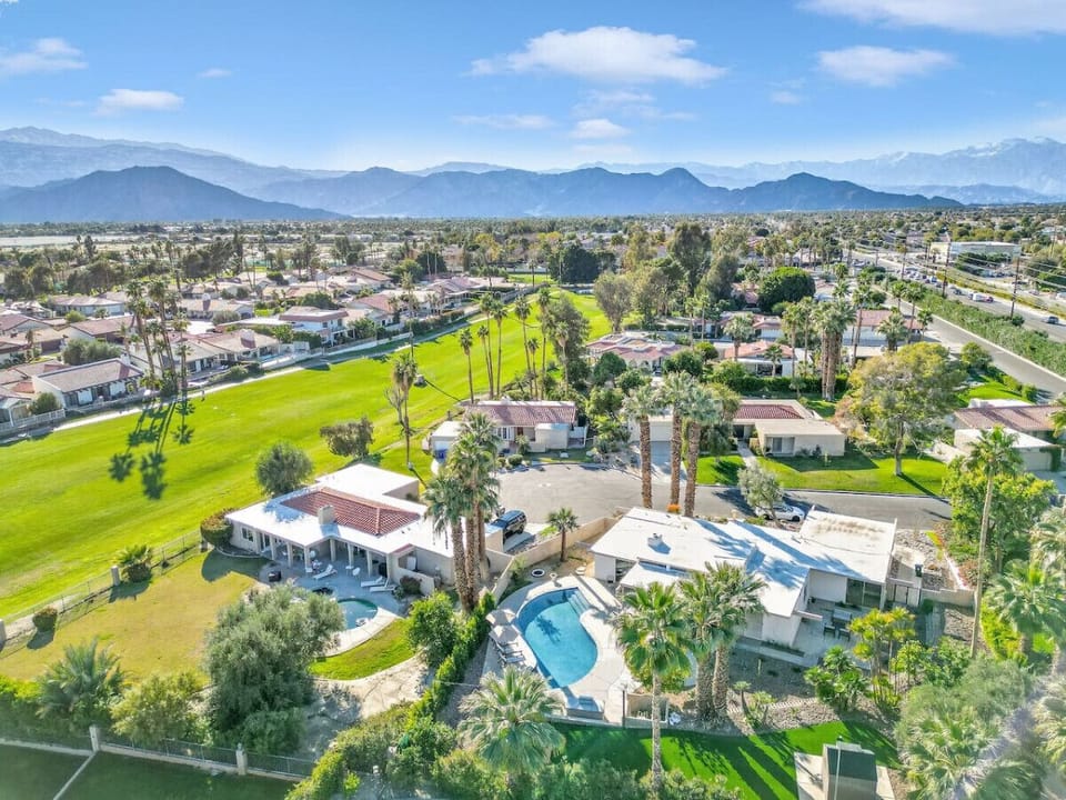 Birds eye view of Indian Palms Country club and the backyard of our home