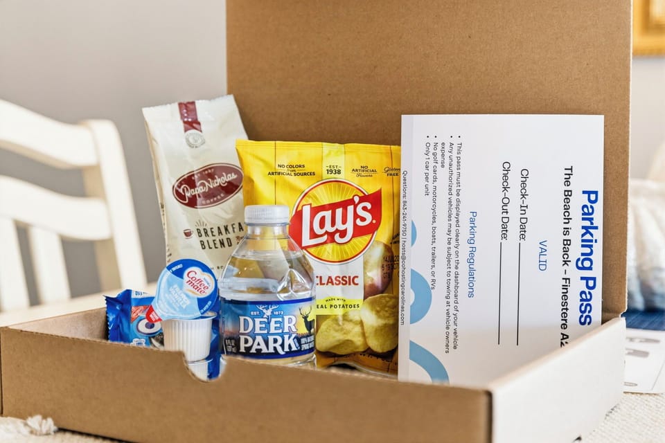 Thoughtful welcome basket with snacks, coffee, water, and parking pass