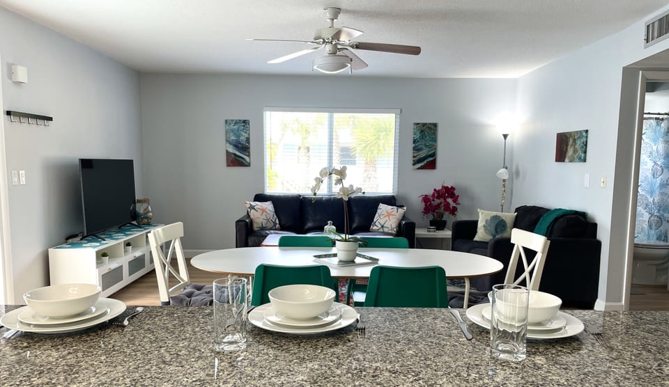 The kitchen effortlessly transitions into the living area.