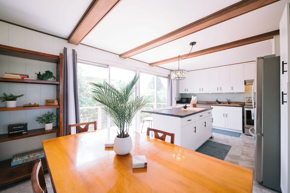 A light-filled kitchen and dining area
