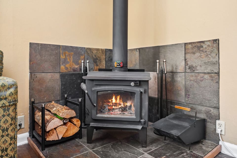 Living room with woodstove, DVD player, Smart TV sleeper sofa