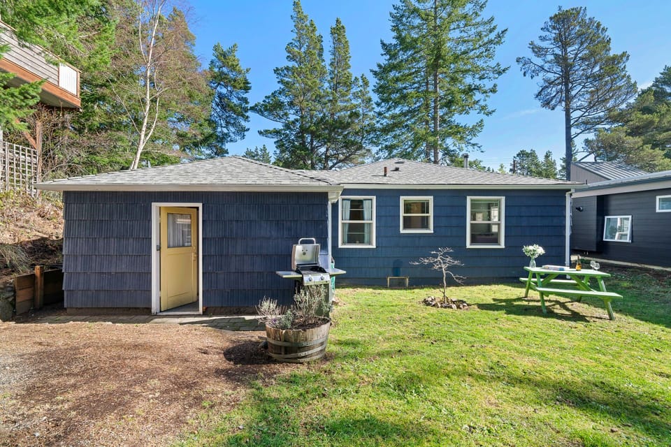 Back yard with picnic table, firepit, and Gas BBQ.