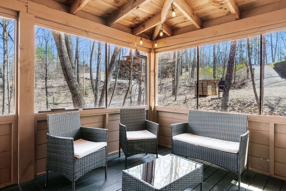 Seating area under covered porch