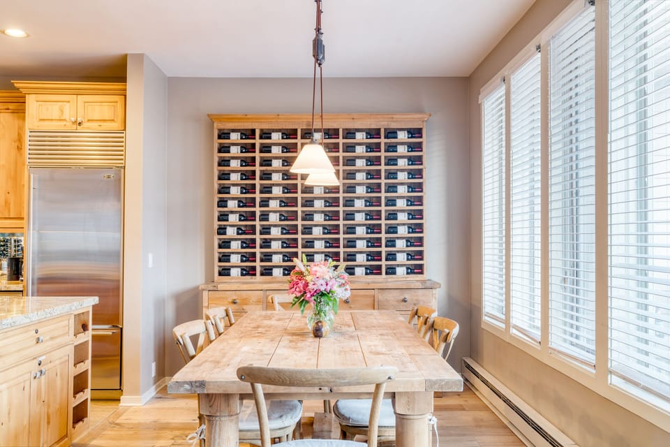 Gorgeous wine wall complements the dining area.
