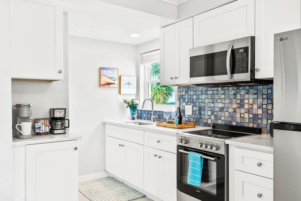 Fridge, stove, oven, microwave, and Keurig